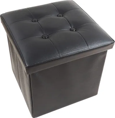 A black, tufted storage ottoman is shown from a slightly elevated angle against a white background.