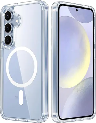 A clear protective phone case with a magnetic ring is shown from two angles.