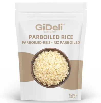Immagine prodotto di Riso parboiled a chicco lungo, leggero, ricco di nutrienti, fonte di vitamine del gruppo B, vegano, prodotto naturale, marca GiDeli, confezione da 500g