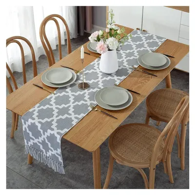 Productafbeelding van KnBoB Katoen Linnen Tafelkleed Beige Grijs Geometrisch 32x220cm