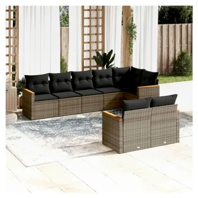Produktbild von 8-teiliges Garten-Sofagarnitur mit Kissen Grau Poly Rattan, Lounge Gartenmöbel Set, Balkonmöbel, Gartenlounge, Gartensofa