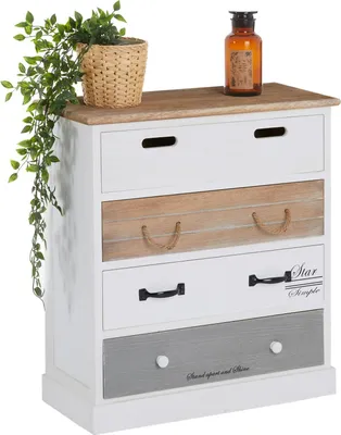 Produktbild von Kommode SALVA mit 4 breiten Schubladen, praktisches Schubladenregal im Vintage Look, Flurkommode in weiß lasiert mit farbigen Schubkästen