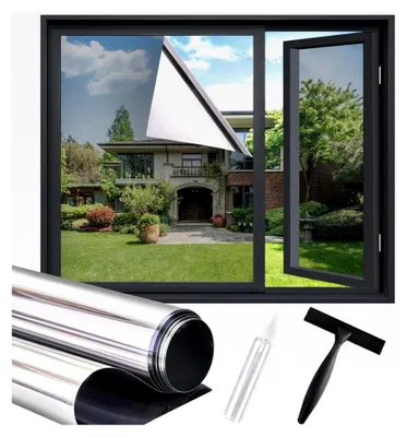 Produktbild von Spiegelfolie für Fenster - Innen Sonnenschutzfolie mit Sichtschutz und UV-Schutz, Silber 90x400 cm