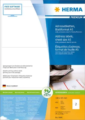 Produktbild von Adressetiketten Premium Blattformat A5 105x148 mm weiß Papier matt 800 St.