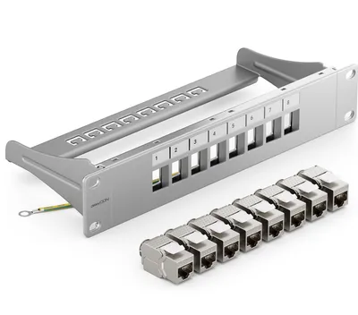 Produktbild von deleyCON 8 Port Patchpanel Set Patchfeld Modular 1 HE 10" Zoll Rackeinbau + 8x RJ45 Keystone Module CAT6a Kompatibel mit CAT5 CAT6 CAT7 LAN Netzwerkkabel Verlegekabel Grau
