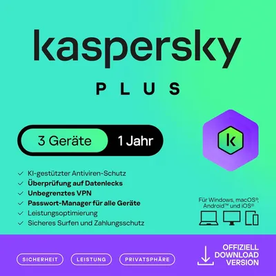Produktbild von Kaspersky Plus Internet Security 2027 | 3 Geräte | 1 Jahr | Anti-Phishing und Firewall | Unbegrenzter VPN Passwort-Manager PC/Mac/Mobile