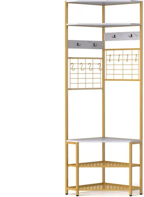 Produktbild von GOPLUS Eck-Garderobenständer mit Sitzbank, Eck-Kleiderständer mit Schuhregal, Flurgarderobe mit 12 Haken & Ablageflächen, Weiß, Gold