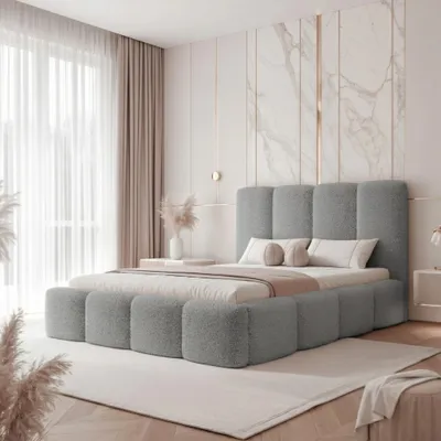 Produktbild von Polsterbett LANDARE 160x200 Hellgrau Boucle Teddy-Stoff mit Bettkasten & Lattenrost