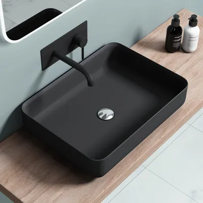 Image de doporro Lavabo Vasque à Poser Gris Noir Mat 55cm Lave Mains en Fonte Minérale Rectangulaire Arrondi 55x40x13cm Colossum812