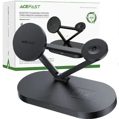 Produktbild von Acefast Drahtloses Qi Ladegerät 15W Für Iphone (Mit Magsafe), Apple Watch Und Apple Airpods Standfuss Magnethalterung Schwarz (E9 Schwarz)