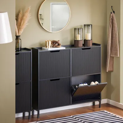 Imagen del producto de Armario para zapatos con 4 puertas - Negro - Madera - Estantería vertical - Ideal para pasillos y salones