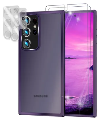 A smartphone case and screen protectors are displayed.