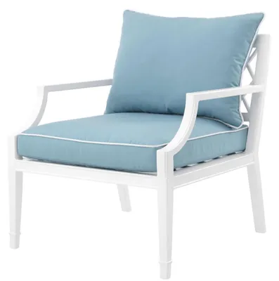 Produktbild von Casa Padrino Luxus Sessel mit Kissen Weiß / Hellblau 68,5 x 80 x H. 79 cm - Sessel aus hochwertigen strapazierbarem Aluminium - Wohnzimmermöbel - Gartenmöbel - Gastronomie Möbel