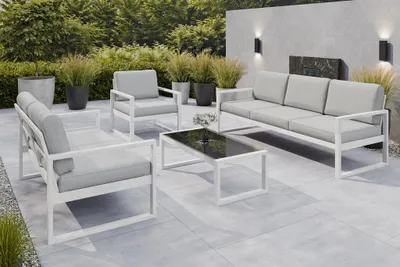Produktbild von Margaret Hadas24 Gartenmöbelset Madera für 6 Personen Terassenmöbel Sitzbank mit Lehne, Gartenmöbel, 4-tlg. Sitzgruppe mit Tisch weiß, hellgrau