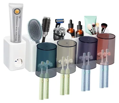 Immagine prodotto di Portaspazzolini con dispenser per dentifricio, da montare a parete senza fori, con 4 portabicchieri, organizer per il bagno