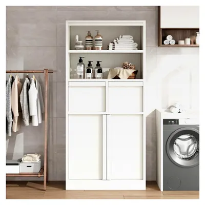 Produktbild von Badezimmerschrank mit 2 Türen, 2 Schubladen und 2 offenen Fächern, 60x30x130 cm, Weiß