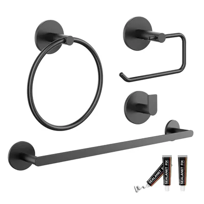 Produktbild von Auralum Badaccessoires Set 4-teilig, Schwarz, Edelstahl, Bohren & Kleben Montage, Badhaken & Handtuchhalter