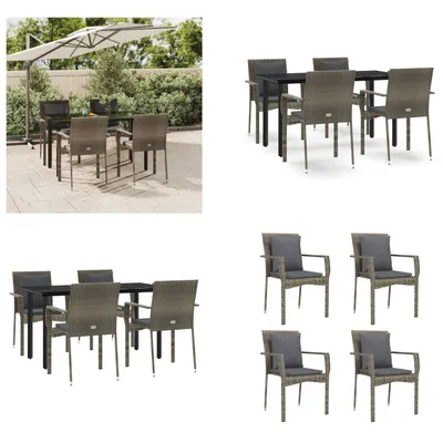 Produktbild von vidaXL 5 tlg. Garten Essgruppe mit Kissen Schwarz und Grau Poly Rattan - Garten Essgruppe - Garten Essgruppen - Essgruppe - Essgruppe Terrasse