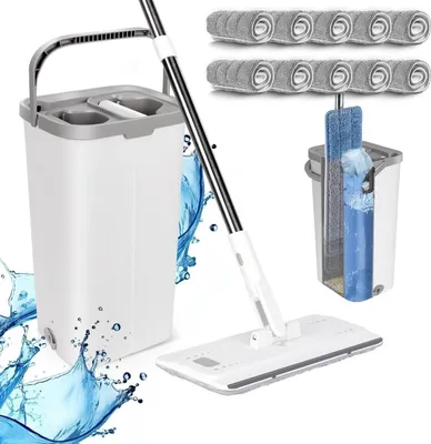 Produktbild von Wischmopp Set mit Eimer und 10 Mikrofaser Wischpads - Verstellbarer Griff - Auswringfunktion