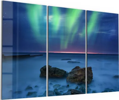 Produktbild von DEQORI Glasbild Echtglas 3x50x100 cm 'Polarlicht über Felsküste' Wandbilder XXL groß
