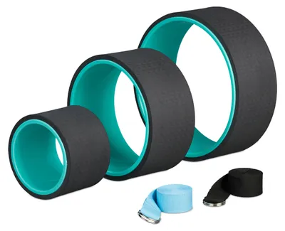 Produktbild von Relaxdays Yogarad 3er Set, Ø: 33, 26,5, 17 cm, mit 2 Yogagurten, Yogaringe für Stretching, Kunststoff, türkis/schwarz