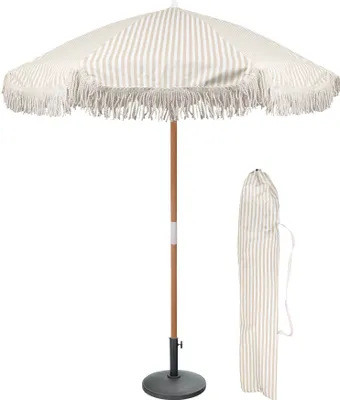 Produktbild von Set aus freistehendem Gartensonnenschirm und Sockel aus Holz mit Quastenfransen und Tragetasche – 1,4 m – Beige gestreift