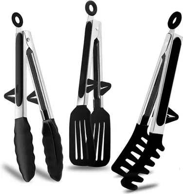 Immagine prodotto di Forchette da barbecue in silicone - Resistenti al calore fino a 315 °C - Lavabili in lavastoviglie - 23 cm - Set da 3 pezzi - Per insalate, pasta e grigliate - Nero