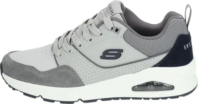 A side view of a gray Skechers sneaker.