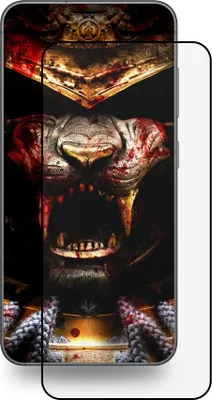 A close-up of a phone screen protector with a graphic design of a fierce, bloody lion in samurai armor.