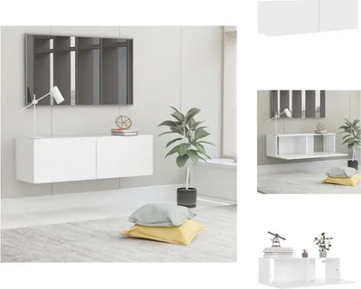Collage of images showing a white floating TV cabinet in different settings and angles.