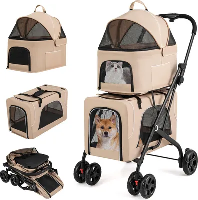 Produktbild von GOPLUS 3 in 1 Hundewagen, Hundebuggy mit 2 abnehmbaren Fächern, Klettverschluss, Räder mit Bremse, abnehmbare Kissen, Reisewagen für Hunde & Katzen