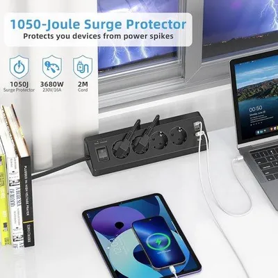 Zdjęcie produktu dla Gniazdko ścienne z portem USB-C (PD 20W), listwa zasilająca biurkowa 8 w 1 z włącznikiem/wyłącznikiem, 4 gniazda, 4 porty USB, zabezpieczenie przeciwprzepięciowe