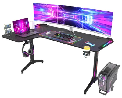 Produktbild von Schreibtisch für Laptop, großer Stehschreibtisch, L-förmiger Schreibtisch, Gaming-Tisch, 60-Zoll-Arbeitsstation, schwarz