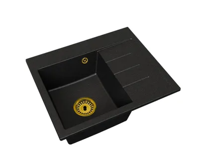 Zdjęcie produktu dla Zlew granitowy Jednokomorowy Exclusive 60 Prawy – Czarny Nakrapiany – Złoty syfon