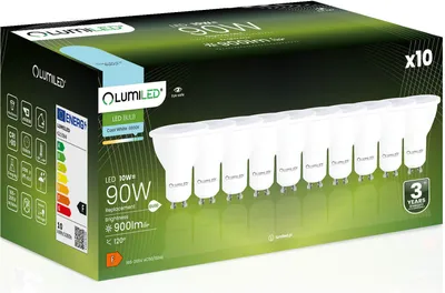 Produktbild von LUMILED GU10 LED 10W 900 lumen žiarovka 6500K studená biela žiarovka bodové LED žiarovky 120° reflektory reflektory 10 kusov žiaroviek