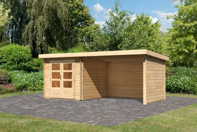 Produktbild von Gartenhaus Blockbohlenhaus Gerätehaus Bastrup 4 im Set mit Anbaudach 3 m breit, 28 mm Seiten - und Rückwand naturbelassen 519x297x222 cm