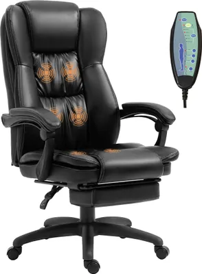 Zdjęcie produktu dla Fotel biurowy Vinsetto z funkcją masażu, ergonomiczny fotel biurowy z funkcją odchylania, podnóżkiem, regulowany na wysokość, obrotowy o 360° fotel komputerowy ze sterowaniem zdalnym, sztuczna skóra, czarny