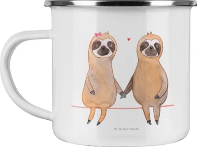 Produktbild von Mr. & Mrs. Panda Pott Faultier Pärchen - Weiß - Geschenk, Emaille Tasse, Becher, Liebe, Relaxen, Kaffeepott, Beziehung, metallbecher, Teetasse