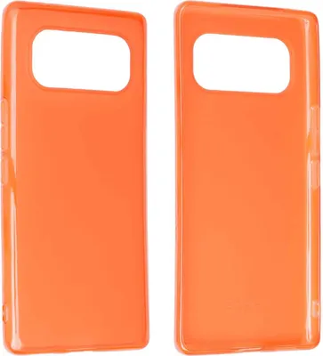 Two orange phone cases are shown side-by-side against a white background.