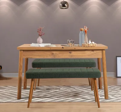 Produktbild von Skye Decor, Santiago 1070 - Atlantic Pine, Green, Ausziehbarer Esstisch und Bank-Set (3-teilig), Atlantische Kiefer, 100 % MELAMINBESCHICHTETE SPANPLATTEN, 75 x 120 x 75 cm