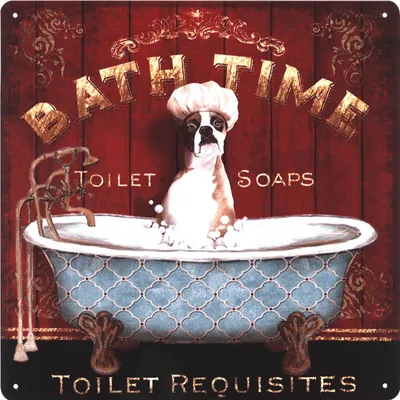 Imagen del producto de Letrero de metal vintage "Moritz Retro Deko" con la imagen de un perro en la bañera, ideal como regalo y con un diseño retro para decoración