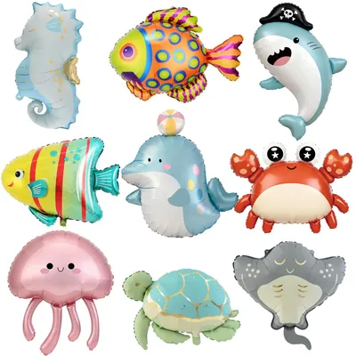 9 Ozean-Tier-Folienballons, Hai, Seepferdchen, Schildkröte, 9 Stück
