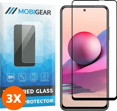 Produktbild von Mobigear Premium 9.98 Xiaomi Redmi Note 10S Panzerglas Gehärtetes Glas Displayschutz - Hüllenfreundlich - Schwarz (3er Pack)