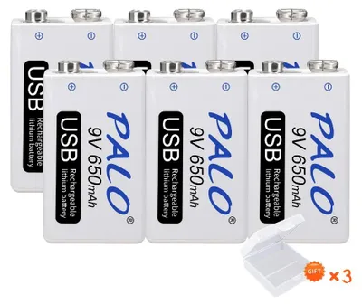 Imagen del producto de Batería recargable de 9V, tipo Li-Ion, con carga USB, paquete de 6 unidades, modelo 9V-A