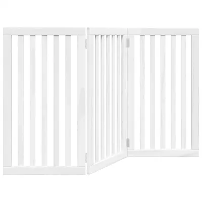 A white wooden pet gate is shown against a white background.