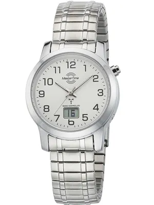 A close-up studio shot of a silver analog-digital watch with a white face.