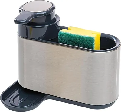Produktbild von Wandmontage Seifenspender Küche - 3-in-1 Spülbeckenorganizer aus Edelstahl - 300 ml Geschirrspülmittelspender - Silberfarbe