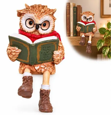 Produktbild von Eulenfigur mit Buch und Brille, lesende Eule Deko, rustikale Landhaus-Deko für Bücherregal, Schreibtisch und Leseecke
