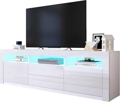 Obrázek produktu pro TV stolek do obývacího pokoje, moderní, lesklý, bílý, nízký, se 2 dvířky a 2 zásuvkami, televizní skříňka s otevřenými policemi, vhodná do ložnice a obývacího pokoje, rozměry 160x35x60 cm