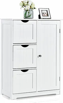 Produktbild von GOPLUS Badezimmerschrank mit Schubladen, Badschrank mit 2 Ablagefächern, Unterstellschrank aus Holz für Badzimmer & Wohnzimmer (Weiß)